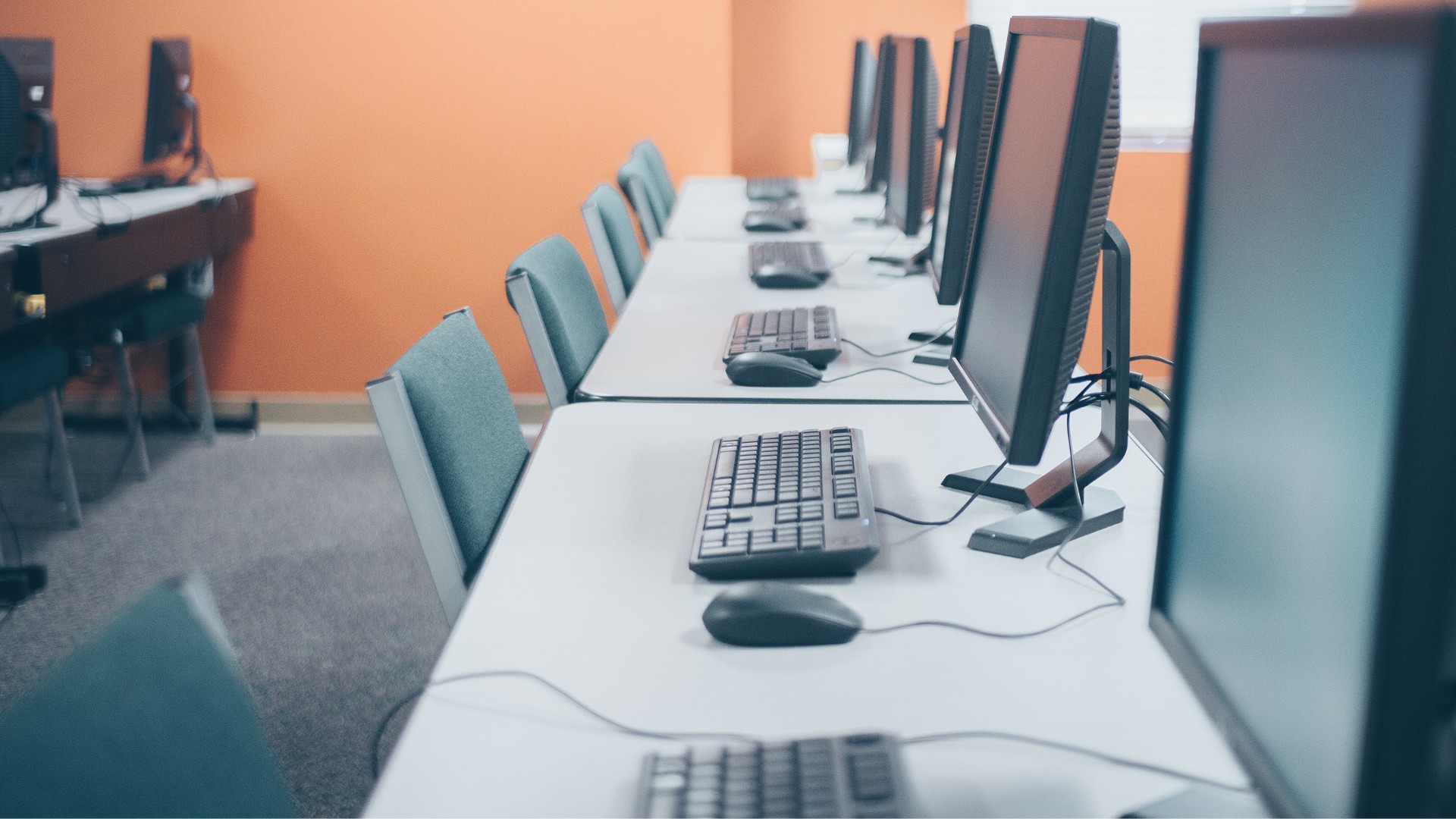 Une rangée d’ordinateurs de bureau alignés sur des bureaux.