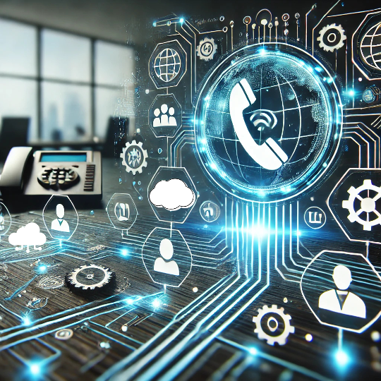 Image conceptuelle d’une intégration VoIP-CRM avec un téléphone de bureau et des icônes de connexion, cloud et gestion, représentant la communication unifiée et les solutions technologiques pour les entreprises.