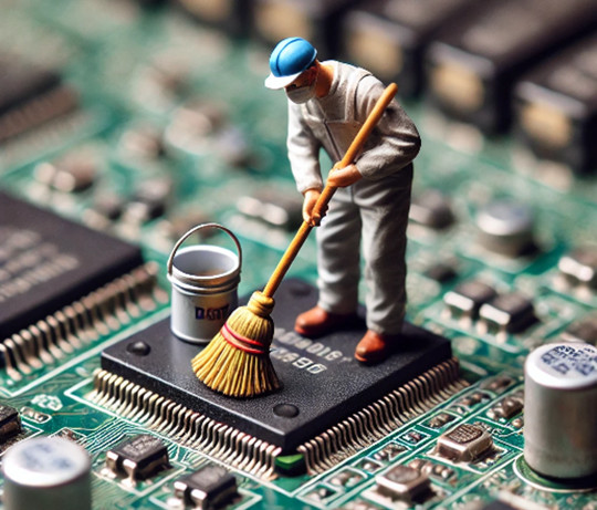 Un ouvrier miniature nettoyant une carte de circuit imprimé avec un petit balai, symbolisant l'importance de l'hygiène numérique et de la maintenance des systèmes informatiques.