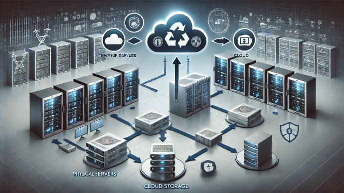 Illustration du processus de sauvegarde et de restauration des données dans un environnement d'entreprise, montrant des serveurs connectés à un cloud, avec des flèches représentant le flux de données entre les solutions de sauvegarde locales et distantes.